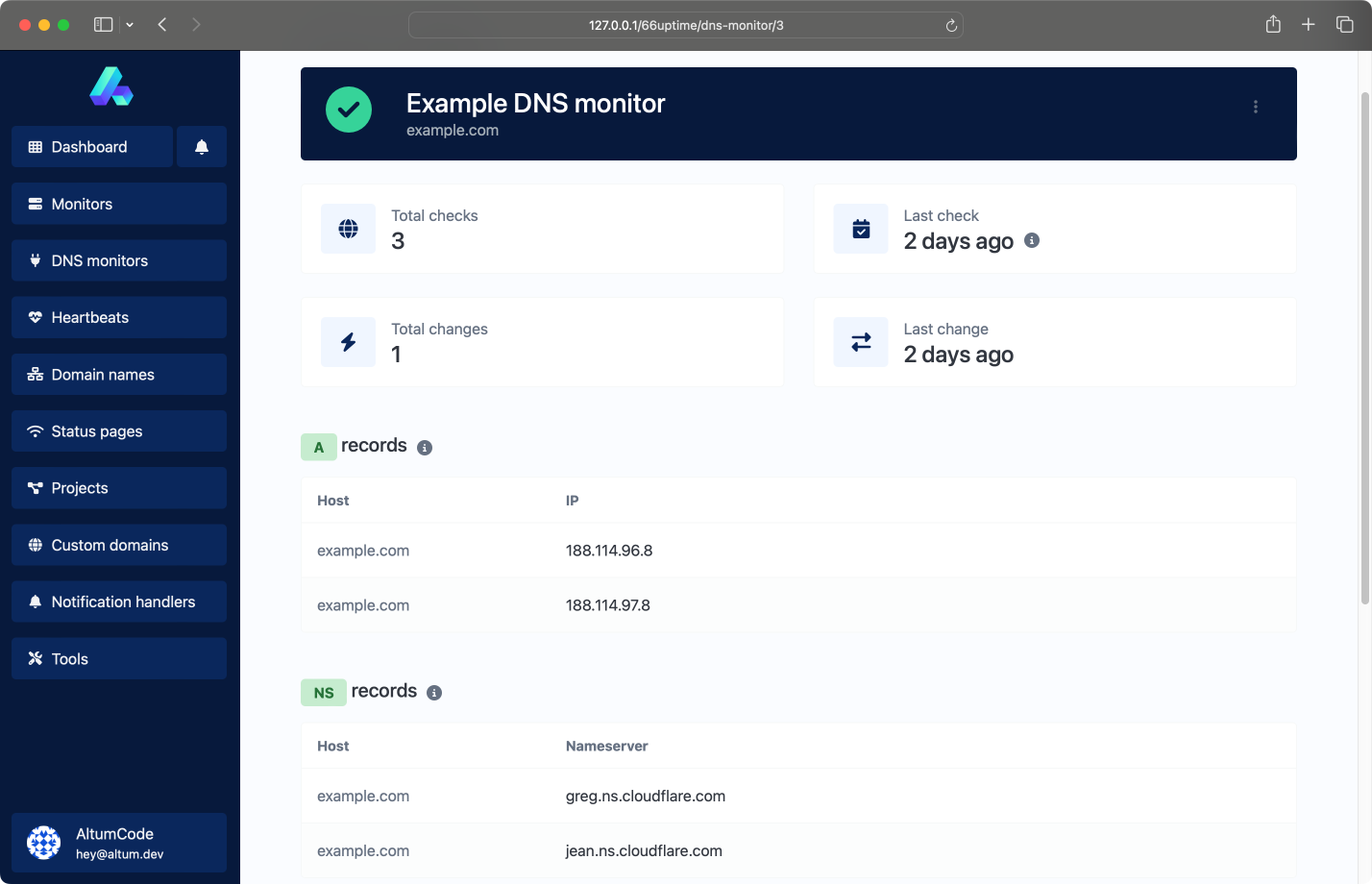 Captura de tela da página do monitor DNS do aplicativo