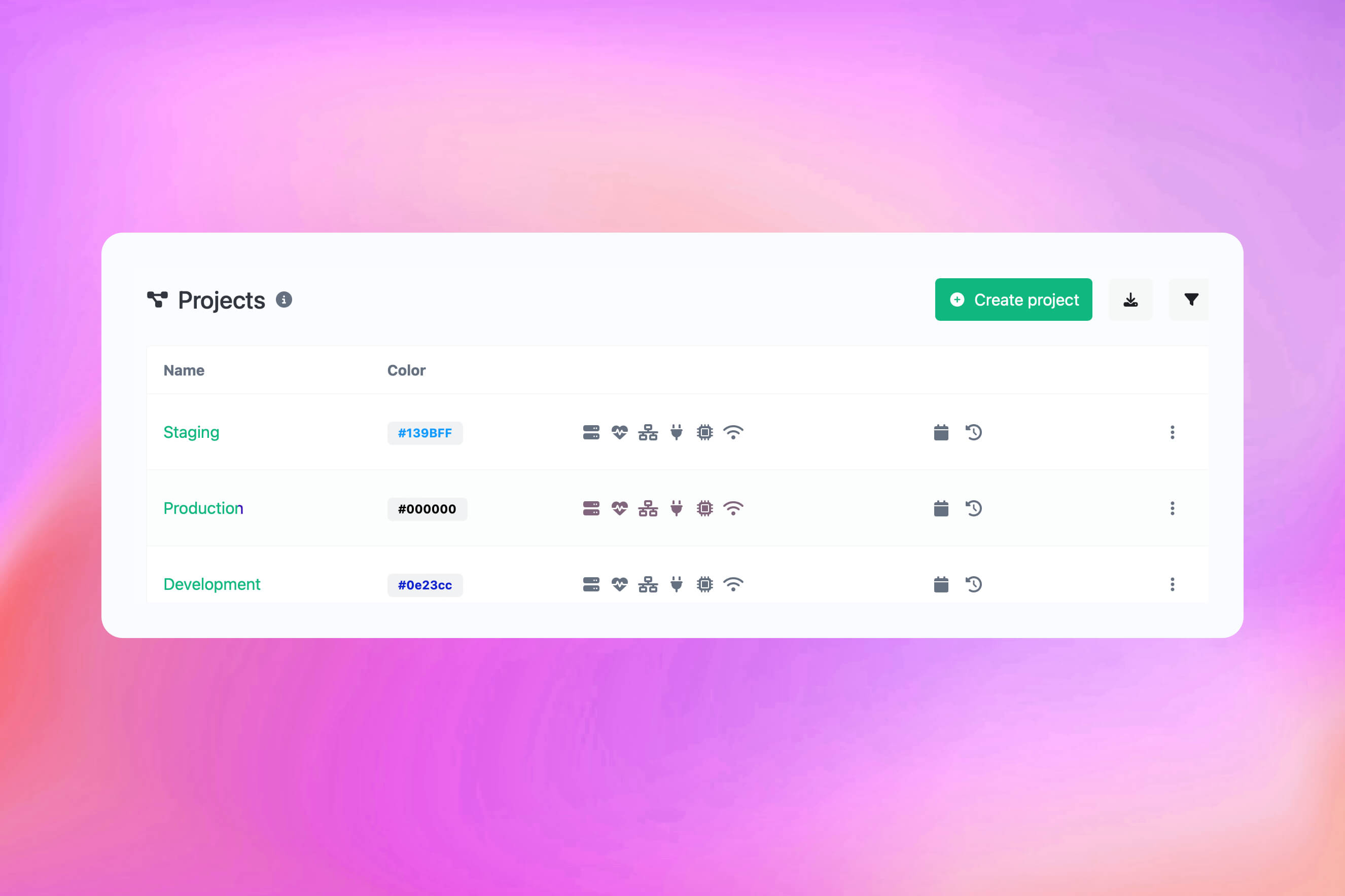 Captura de tela da página de recursos de projetos do app